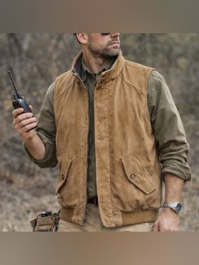 Orvis Suede Leather Vest Tan Fishing Field  Hunting Tartan Plaid Lined Beige XL